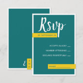 Moderne, zeitgenössische grüne und gelbe Hochzeit RSVP Karte (Vorne/Hinten)