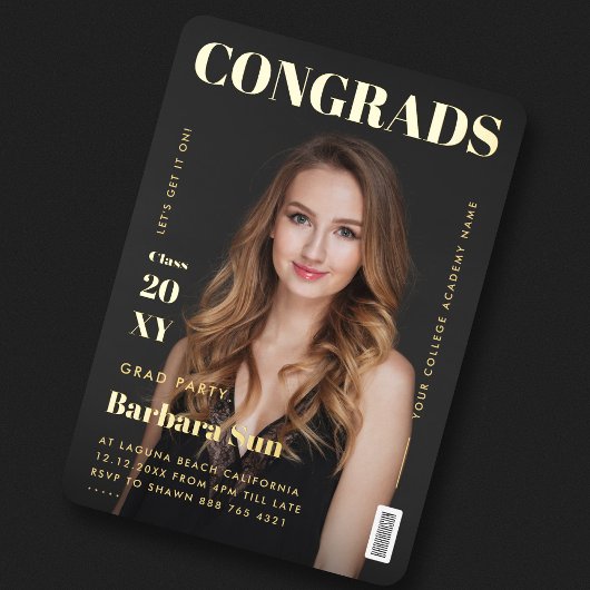 Moderne Zeitschrift Black and Gold Graduation Part Folieneinladung