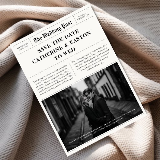 Moderne Zeitungs-Save the Date-Karte für Hochzeite Save The Date