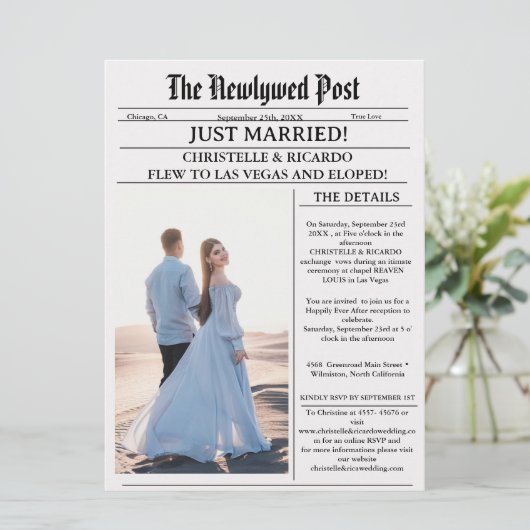 Moderne Zeitungsausgabe gerade verheiratet Ankündi Einladung (Stehend Vorderseite)