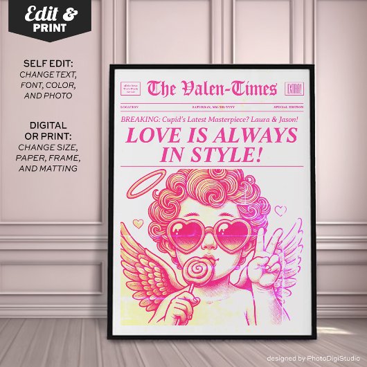 Moderne Zeitungskunst Print, rosa Cupid Wall Art Poster