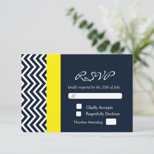 Moderne Zickzack, blaugelbe Hochzeitkarte RSVP Karte (Stehend Vorderseite)