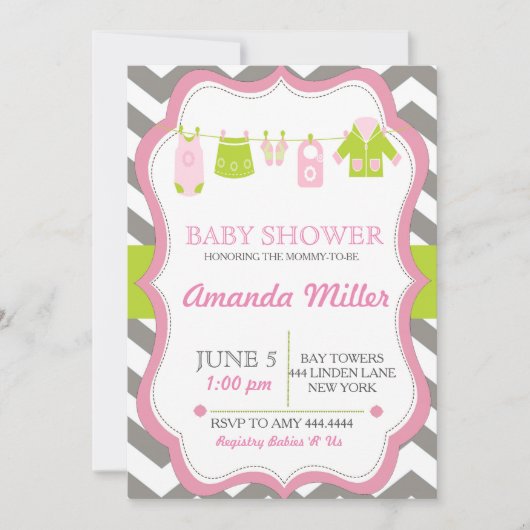 Moderne Zickzack Clothesline Kinderdusche Einladun Einladung (Vorderseite)