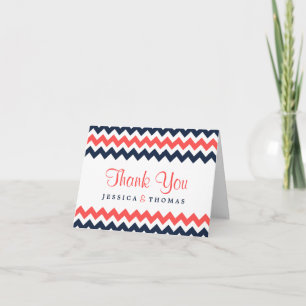Moderne Zickzack Hochzeitskollektion Navy & Coral Dankeskarte
