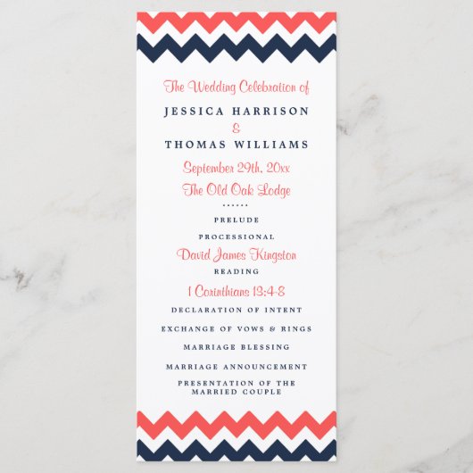 Moderne Zickzack Hochzeitskollektion Navy & Coral Programm (Vorderseite)