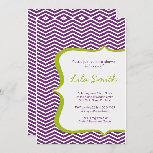 Moderne Zickzack Lila Gründusche Einladung (Vorne/Hinten)