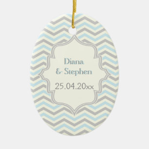 Moderne Zickzack Muster in Blau, Grau und Elfenbei Keramik Ornament
