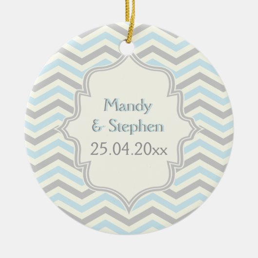 Moderne Zickzack Muster in Blau, Grau und Elfenbei Keramikornament (Vorne)