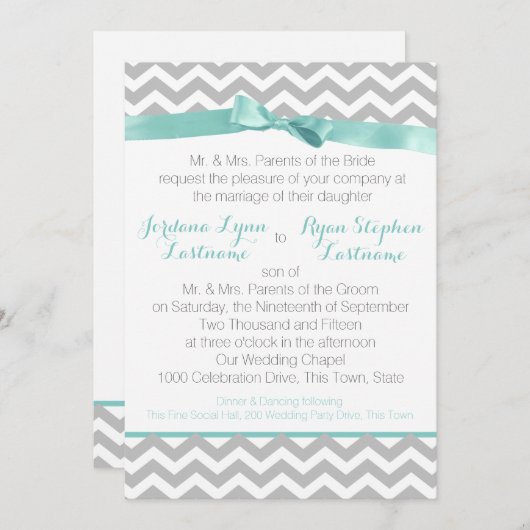 Moderne Zigzag Aqua und Bow Einladung (Vorne/Hinten)