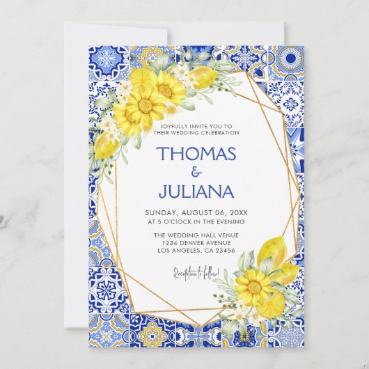Moderne Zitrone Hochzeit in blauer italienischer M Einladung (Vorderseite)