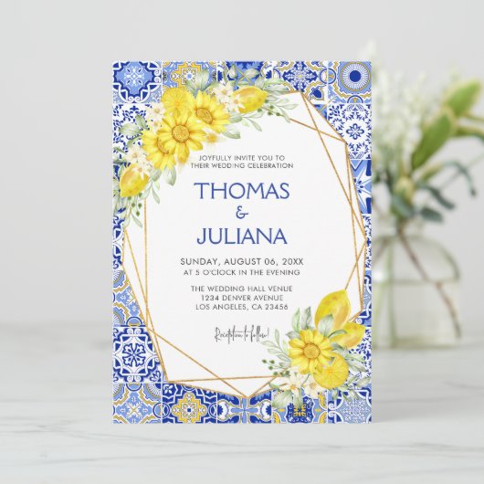 Moderne Zitrone Hochzeit in blauer italienischer M Einladung (Stehend Vorderseite)