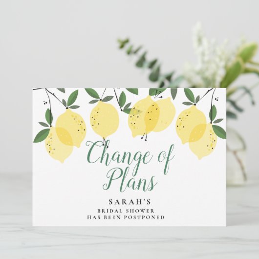 Moderne Zitronen Änderung der Pläne Brautparty Save The Date (Stehend Vorderseite)