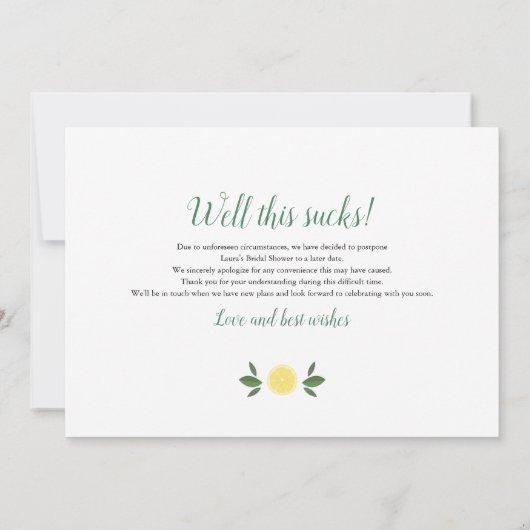 Moderne Zitronen Änderung der Pläne Brautparty Save The Date (Rückseite)
