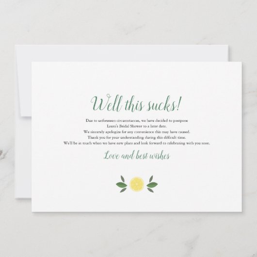 Moderne Zitronen Brautparty Planänderung Einladung (Rückseite)