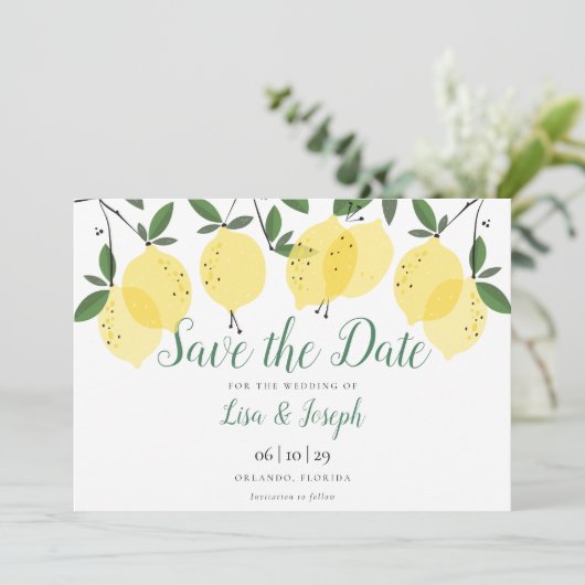 Moderne Zitronen Elegantes Skript Save The Date (Stehend Vorderseite)