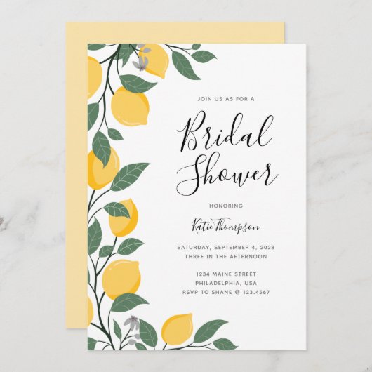 Moderne Zitronen und Blätter Kalligrafisches Braut Einladung (Vorne/Hinten)