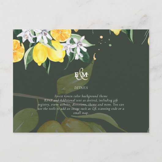 Moderne Zitronenbaum-Hochzeit spart das Datum Postkarte (Rückseite)