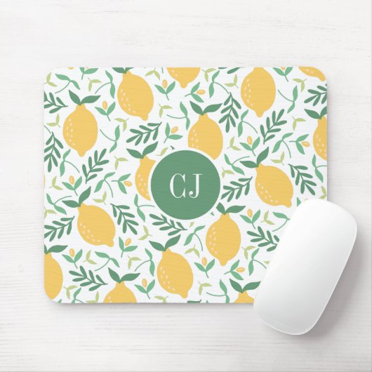 Moderne Zitronenfrüchte Sommergelbe grüne Monogram Mousepad (Mit Mouse)