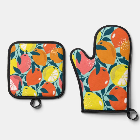 Moderne Zitrusfrüchte Zitrusfrüchte Kunst Ofenhandschuh & Topflappen-Set (Vorderseite)
