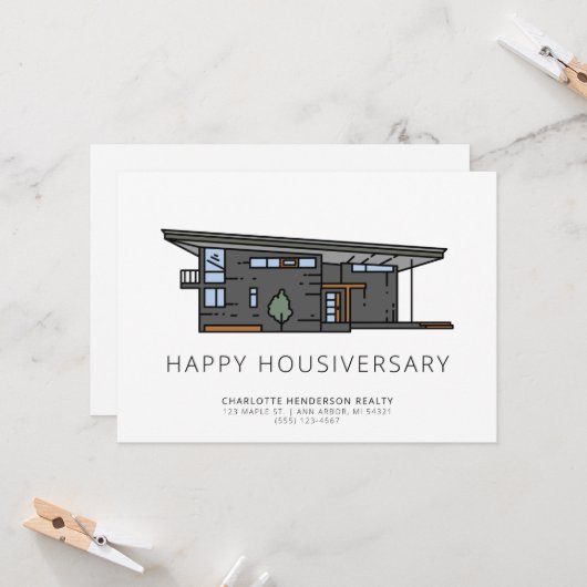 Moderne Zuhause Happy House Anniversary Client Car Karte (Vorderseite/Rückseite Beispiel)