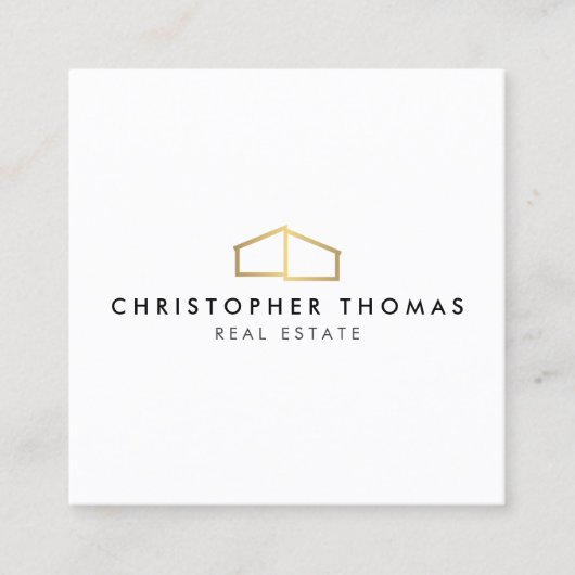 Moderne Zuhause-Logo-Imitate Gold auf Weiß Quadratische Visitenkarte (Vorderseite)