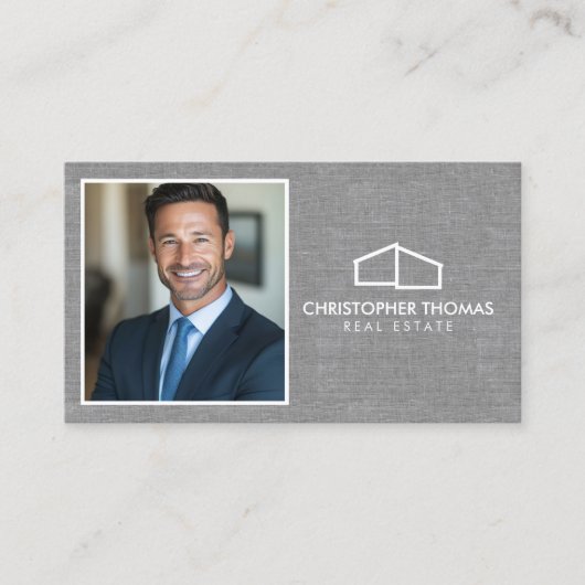 Moderne Zuhause Logo Realtor Foto Grau Linen Visitenkarte (Vorderseite)