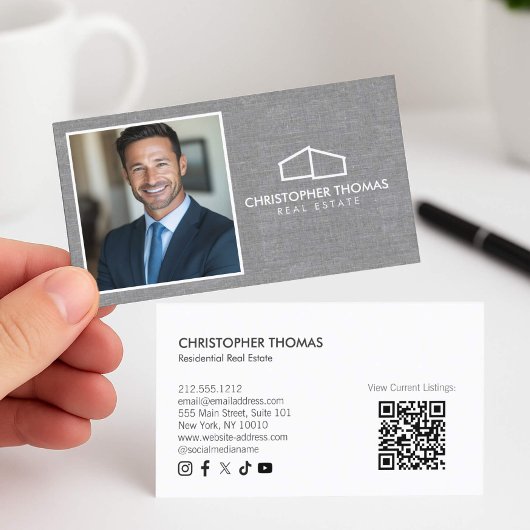 Moderne Zuhause Logo Realtor Foto Grau Linen Visitenkarte
