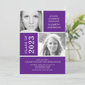Moderne Zwei-Foto Lila Abschluss Einladung (Stehend Vorderseite)