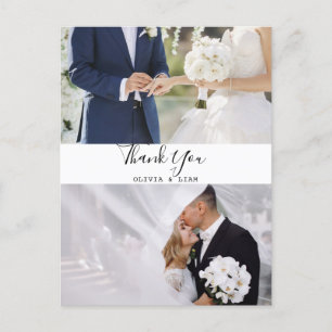 Moderne Zwei-Foto-Schwarz-Weiß-Hochzeit Danke Postkarte