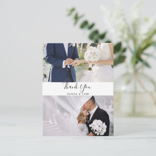 Moderne Zwei-Foto-Schwarz-Weiß-Hochzeit Danke Postkarte (Stehend Vorderseite)
