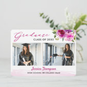 Moderne zwei Fotocollage Floral Graduation Party Einladung (Stehend Vorderseite)