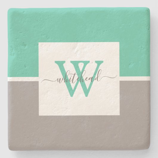 Moderne Zwei-Tone-Monogramm Minze Grüne Taupe Steinuntersetzer (Vorderseite)