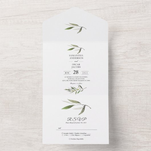 Moderne Zweigniederlassung aus grünem Olive All In One Einladung (Innen Boden)