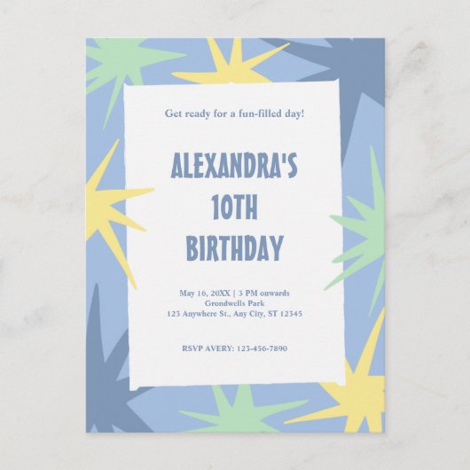 Moderner 10. Geburtstag Einladungspostkarte (Vorderseite)