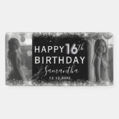 Moderner 16. Silberner Glitzer & Foto Geburtstag Banner (Horizontal)