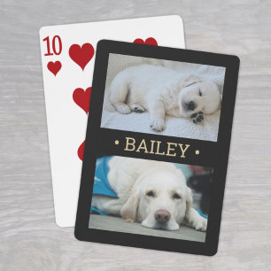 Moderner 2 Foto Hund oder Name Schwarz und Gold Spielkarten