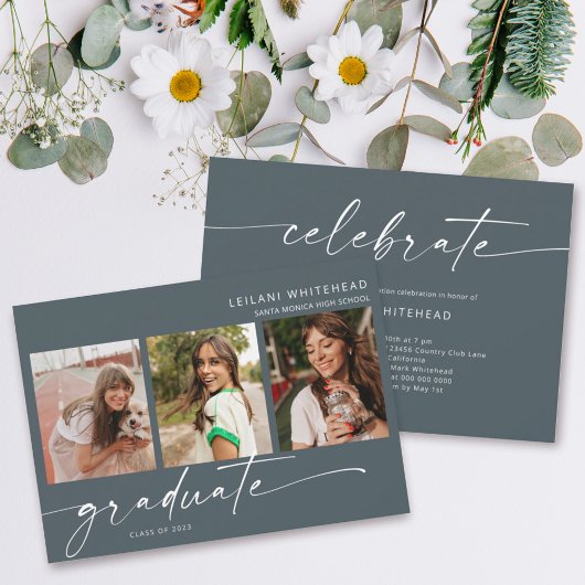 Moderner 3-Foto Abschluss Dunkel Aquamarin Ankündigung