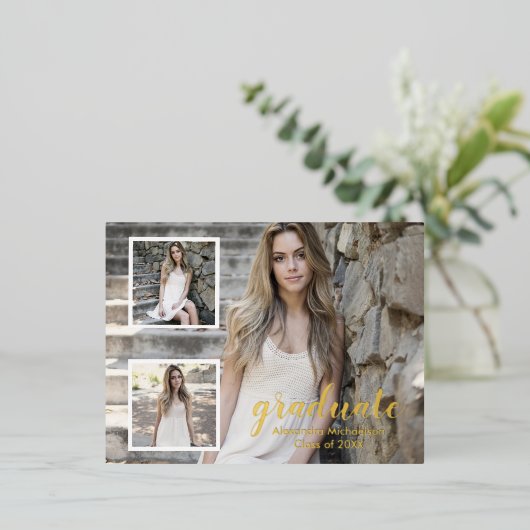 Moderner 3-Foto-Abschluss Folie Einladungspostkarte (Stehend vorne)