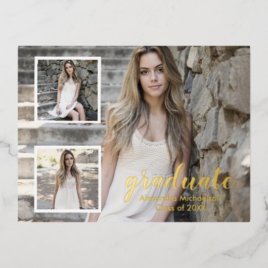 Moderner 3-Foto-Abschluss Folie Einladungspostkarte (Vorderseite)