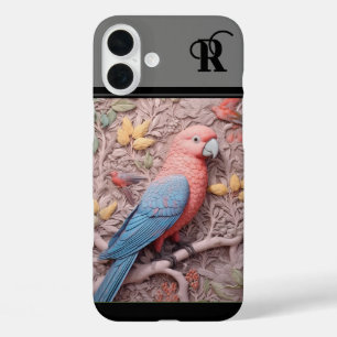 Moderner 3D-Papagei und Blume in Monogrammatik iPhone 16 Plus Hülle