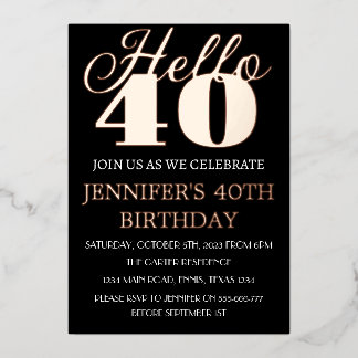Moderner 40. Geburtstag Black Rose Gold Foil QR Co Folieneinladung