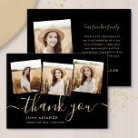 Moderner 4-Foto Abschluss Collage Black and Gold Dankeskarte<br><div class="desc">Mit unserer modernen 4 Foto Abschluss Collage Black and Gold Dankeschön Card bedanken Sie sich. Mit vier Graduiertenbildern in einer Collage aus Foto eignet sich diese elegante Schreibkarte für Unis- und Schulklassen. Das minimalistische Design mit Schwarz und Gold-Farben macht es zu einer großartigen Ergänzung zu jeder Graduiertenparty. Personalisieren Sie diese...</div>