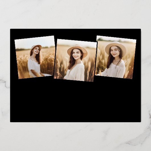 Moderner 4-Foto Abschluss Collage Black and Gold Folieneinladung (Vorderseite)