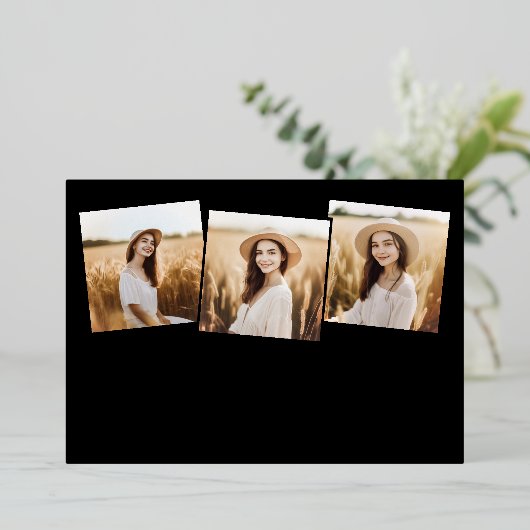 Moderner 4-Foto Abschluss Collage Black and Gold Folieneinladung (Stehend vorne)