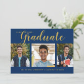 Moderner 4 Foto Collage Blue Gold Abschluss Ankündigung (Stehend Vorderseite)