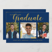 Moderner 4 Foto Collage Blue Gold Abschluss Ankündigung (Vorne/Hinten)