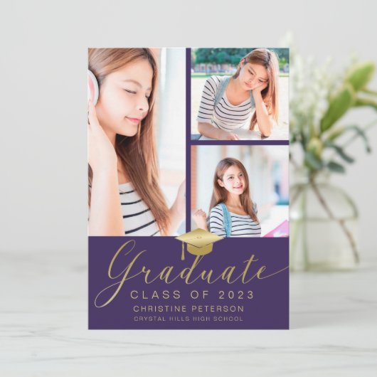 Moderner 4-Foto Collage Script Lila Abschluss Ankündigung (Stehend Vorderseite)