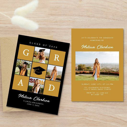 Moderner 5-Foto Collage Black & Mustard Abschluss Einladung