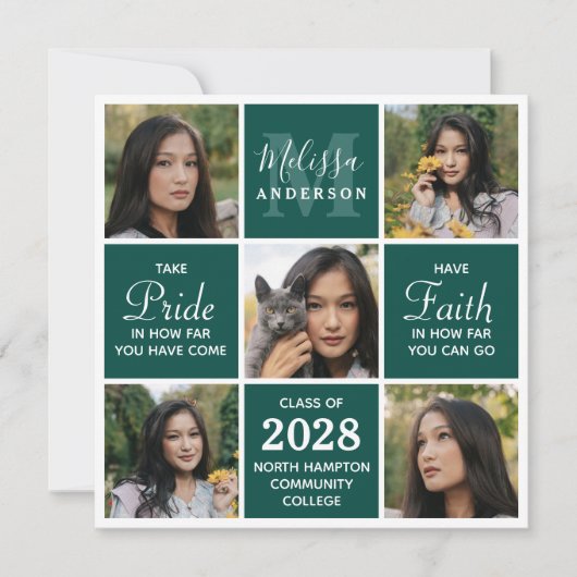 Moderner 5-Foto Collage Smaragdgrüner Abschluss Einladung (Vorderseite)
