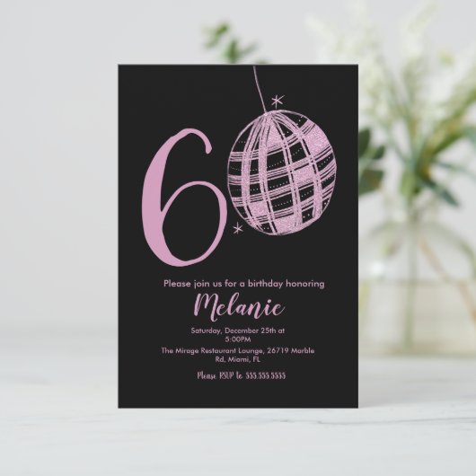Moderner 60. Script Bold Black Disco Glitzer Einladung (Stehend Vorderseite)